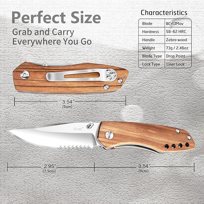Vickay Folding Pocket Knife for Men & Women, 2.95" 8Cr13MoV Half-Serrated Steel Blade, Wood Hanlde