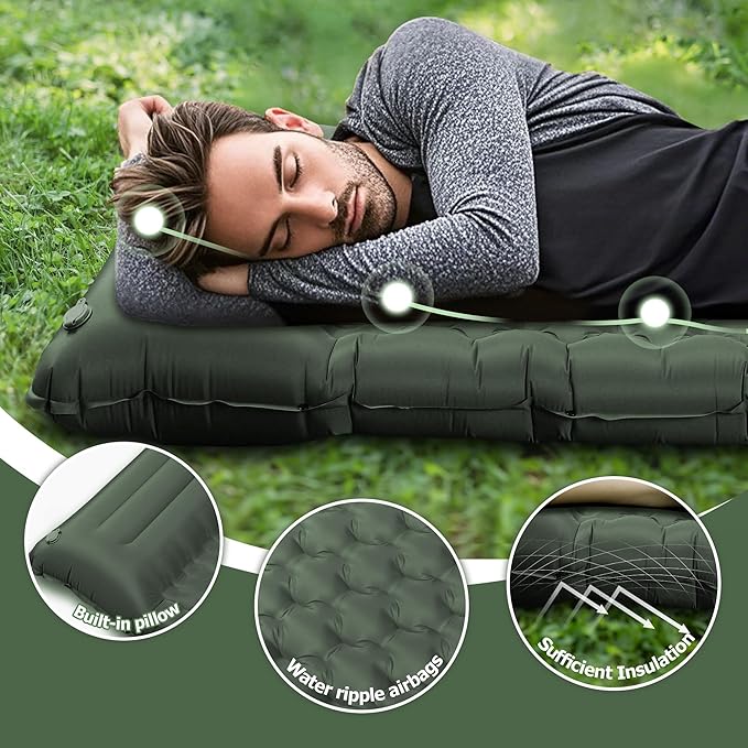Sleeping Pad for Camping, Ultralight 4.7" Extra-Thick Inflatable Camping Mat with Pillow Built-in