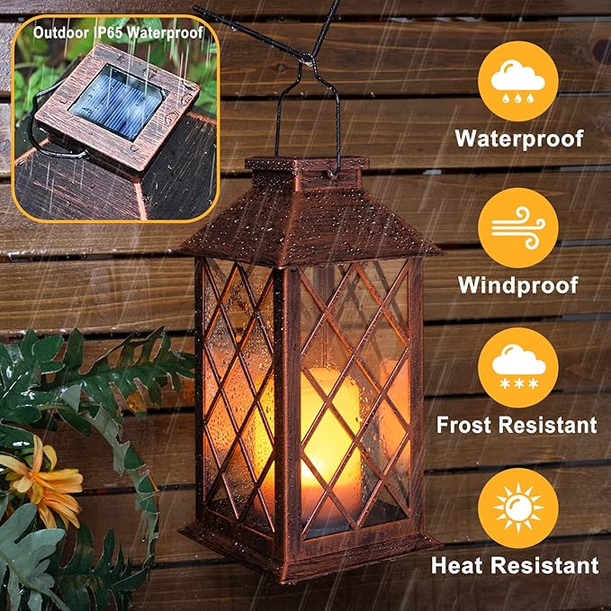 [2 Pack] TAKE ME 14" Solar Lantern Outdoor Garden Hanging Lantern Waterproof LED Flickering