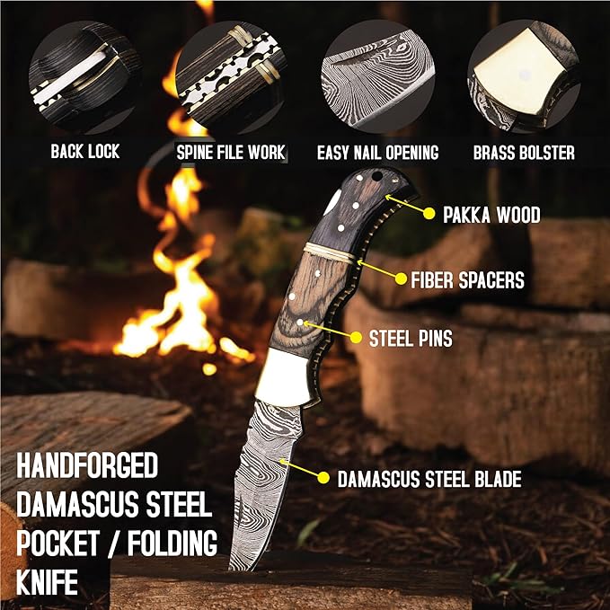 6.5 inch Damascus Pocket Knife with Sheath, Handmade Folding Pocket Knife for Men, Black-Red Wooden