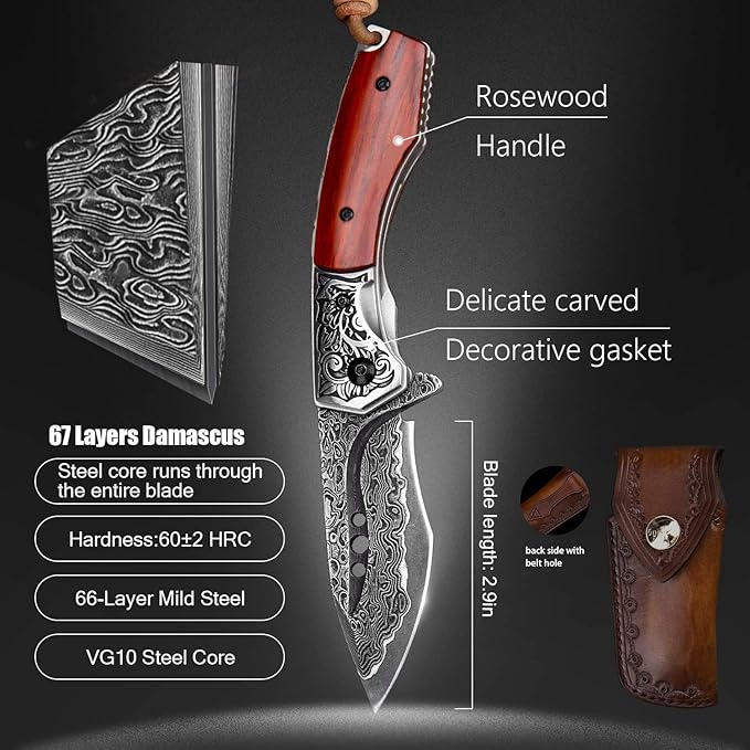 hand made damascus steel pocket knife, 3.1 inch outdoor folding knife, camping rosewood handle with