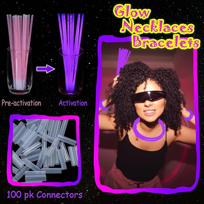 ILHSTY 100 Pcs 8'' Purple Glow Sticks Glow Necklaces In The Dark Party Favor Supplies Bright