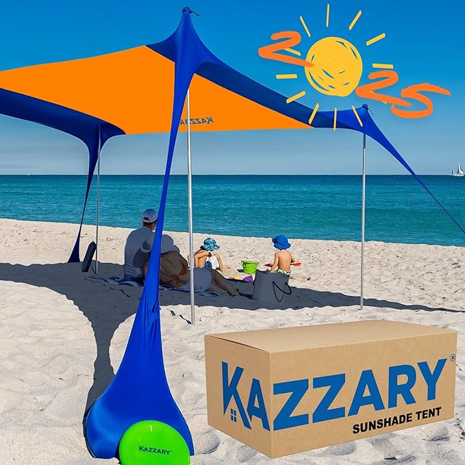 Beach Tent UPF50+ Sun Shade Canopy with Sandbags, 4 Stability Poles, Ground Pegs, Flying Disc Sand