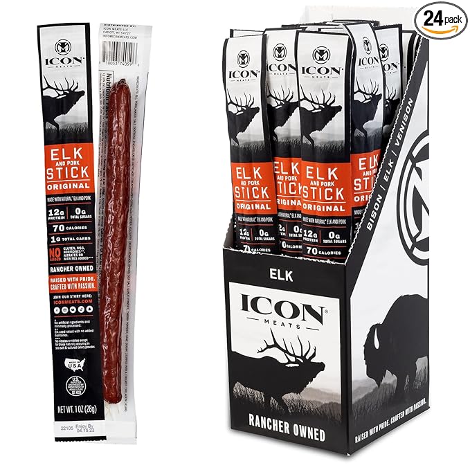 ICON Meats Elk and Pork Snack Sticks - Original Flavor - 24 Pack of Individually Wrapped Jerky Meat