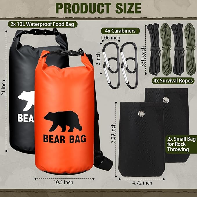 2 Sets Bear Food Bag for Camping Ultralight Food Bag Hanging System Includes 2 Pcs 10 L Waterproof