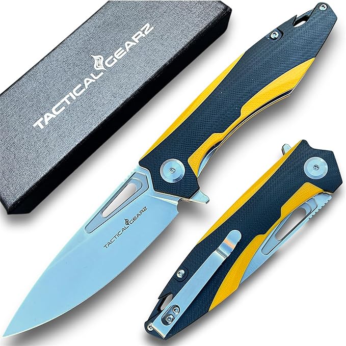 TACTICAL GEARZ Pocket Folding Knife for EDC, D2 Steel Blade, Dual Color G10 Handle, Includes Sheath