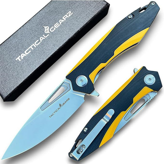 TACTICAL GEARZ Pocket Folding Knife for EDC, D2 Steel Blade, Dual Color G10 Handle, Includes Sheath