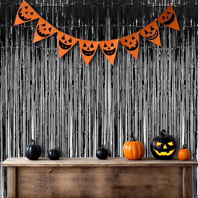 Foil Fringe Curtain Halloweens Party Decorations - Pure Black Tinsel Photo Backdrop Party Steamers
