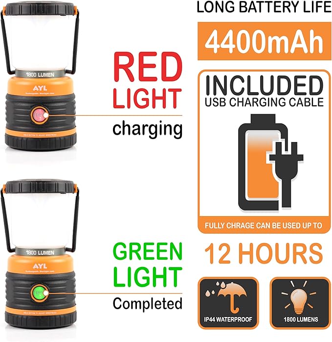 LED Camping Lantern Rechargeable, 1800LM, 4 Light Modes, 4400mAh Power Bank, IP44 Waterproof