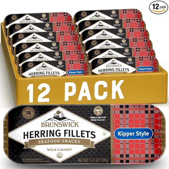 Brunswick Boneless Kipper Style Herring Fillets, 3.53 oz Can (Pack of 12) - 18g Protein per Serving