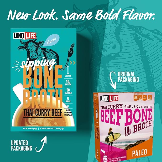 LonoLife Thai Curry Beef Bone Broth Powder Mix | Grass-Fed, 10g Protein | Collagen-Rich, Keto &