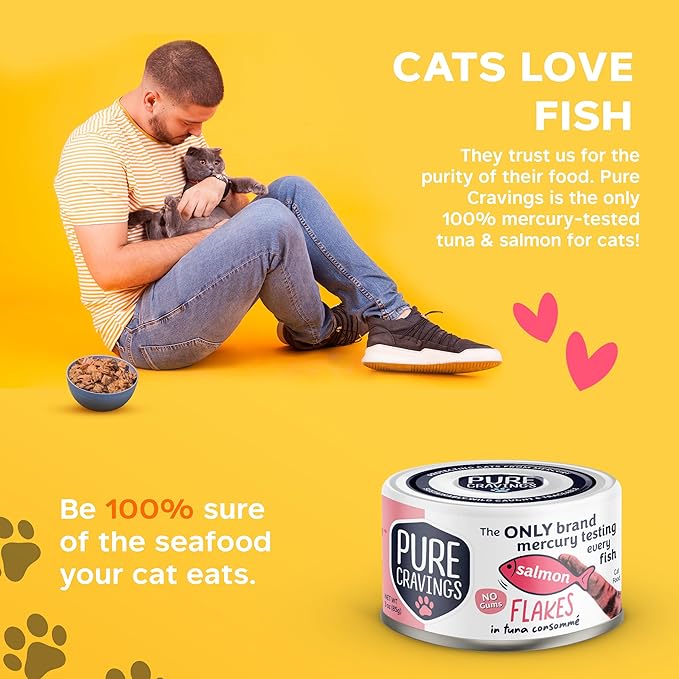 Pure Cravings Salmon Flakes in Tuna Consommé, Canned Wet Cat Food Soup, 100% Mercury-Tested, Moist