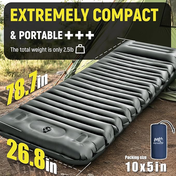 Inflatable Camping Sleeping Pad with Pillow, 5" Extra-Thick Ultralight Inflatable Sleeping Mat with