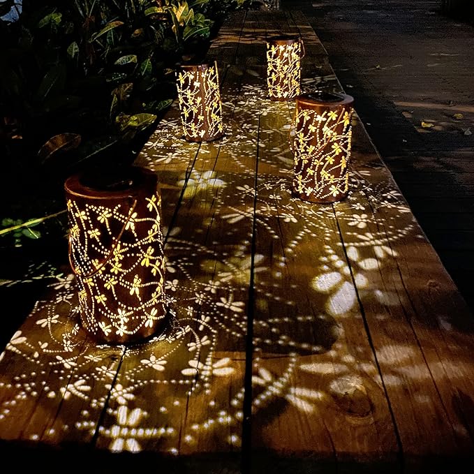 2 Pack Solar Lanterns Outdoor Hanging Lantern Lights, Dragonfly Hollowed-Out Metal Decor Lantern