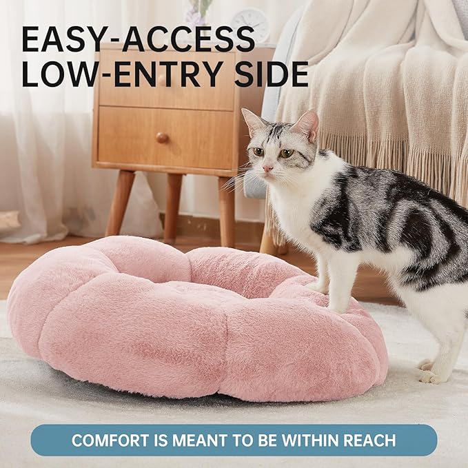 OhGeni 20 inches Calming Donut Dog & Cat Bed for Small Pets, Warming Comfort Fluffy Short Pile Fur