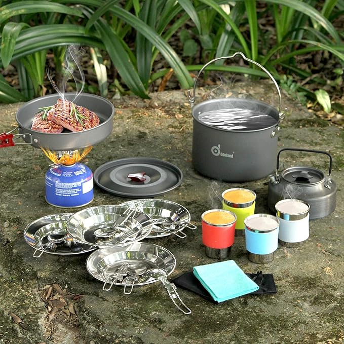 Odoland 22pcs Camping Cookware Mess Kit, Large Size Hanging Pot Pan Kettle with Base Cook Set for
