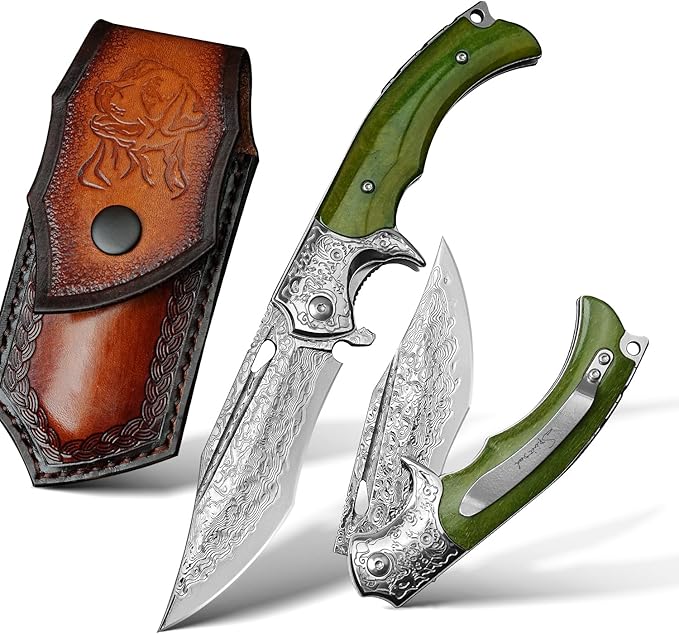 Damascus Steel Folding Knife, 3.6 '' VG10 Sandwich Damascus Steel bone Handle with Pocket Clip, for