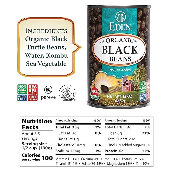Eden Organic Black Beans, 15 oz Can (12-Pack Case), No Salt Added, Non-GMO, U.S Grown, Heat and