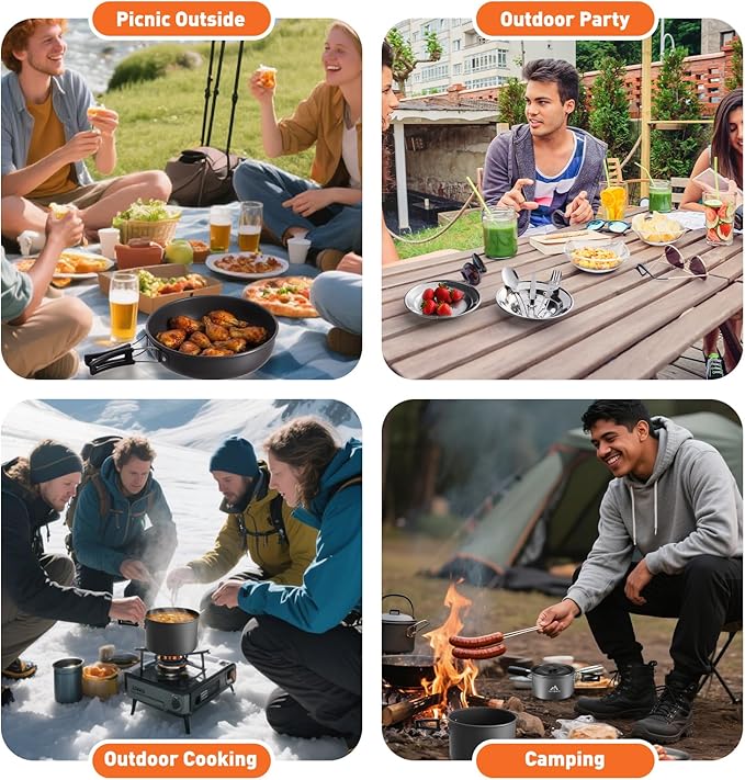27pcs Camping Cookware Mess Kit for 2-4 People, Portable Cookware Set with Kettle, Pots & Pans