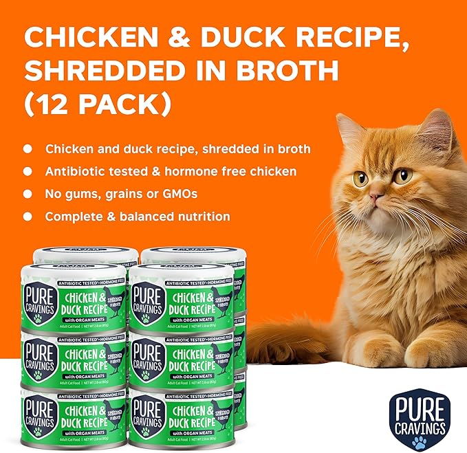 Pure Cravings Chicken and Duck Recipe in Broth, Shredded Wet Cat Food, Grain-Free Protein, Non-GMO