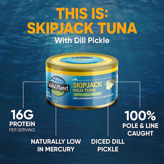 Wild Planet Wild Skipjack Tuna with Dill Pickle Tinned Fish, Canned Tuna, Sustainably Wild-Caught