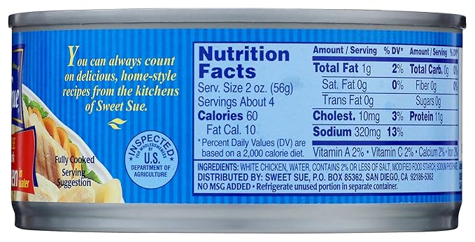 Sweet Sue Chunk White Chicken in Water, 10 oz Can - 11g Protein per Serving, 98% Fat Free - Gluten