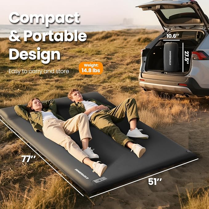 Double Camping Sleeping Pad with Electric Pump, 3.15" Thick 2 Person Self Inflating Memory Foam