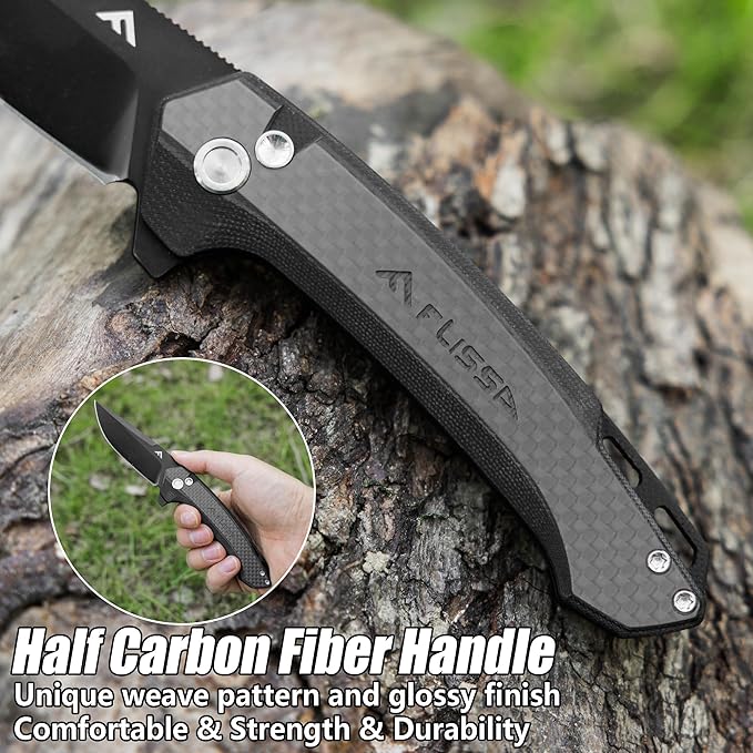 FLISSA Pocket Folding Knife, 3.2??D2 Blade Carbon Fiber Handle EDC Knife with Pocket Clip for