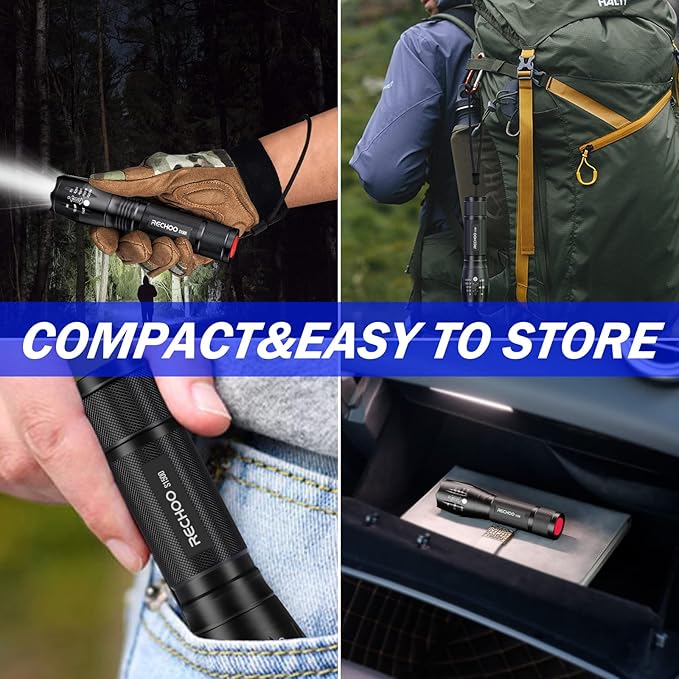 RECHOO Tactical Flashlight 4 Pack, Bright Zoomable LED Flashlight with High Lumens and 5 Modes