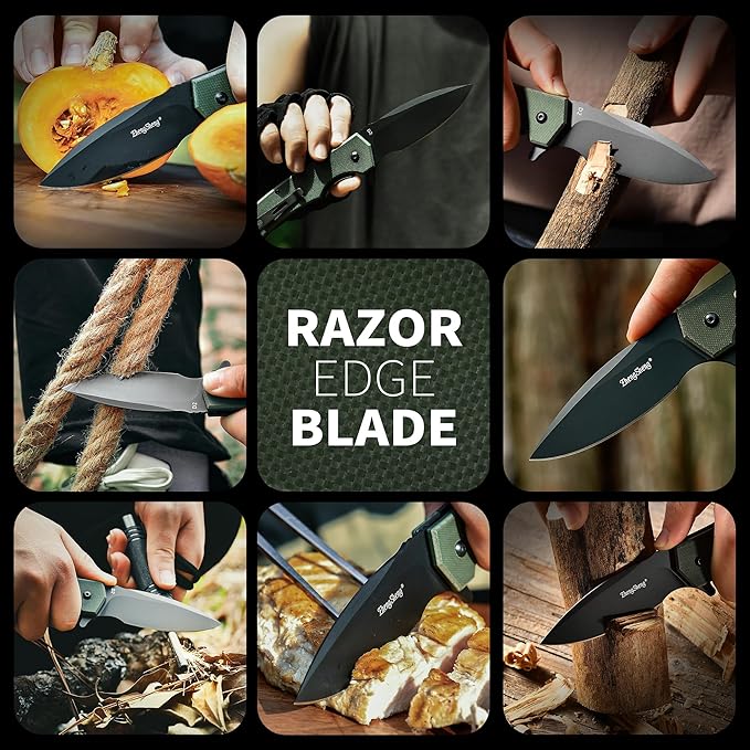 Praxis Folding Pocket Knife, 3.6" PVD Titanium Coating D2 Steel Blade Foldable Knife with G10