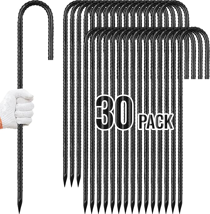 Rebar Stakes 12 Inch, Ground Stakes Heavy Duty J-Hook Black Coated Anti-Rust Heavy Duty Ground
