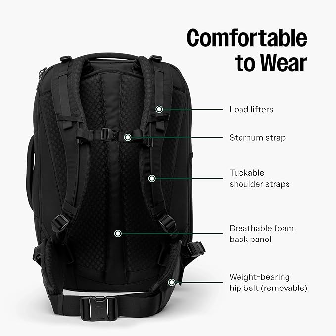 Tortuga 40L Travel Backpack Lite, Black - Large Carry-On Travel Backpack for Men and Women