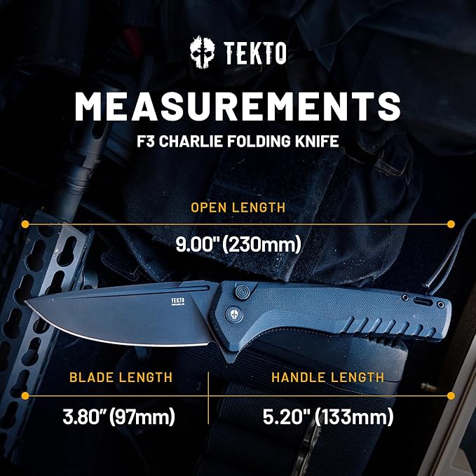 F3 Charlie Button Lock Folding Knife, Oversized Fine Edge Blade, Tactical Black G10 Handle - Easy
