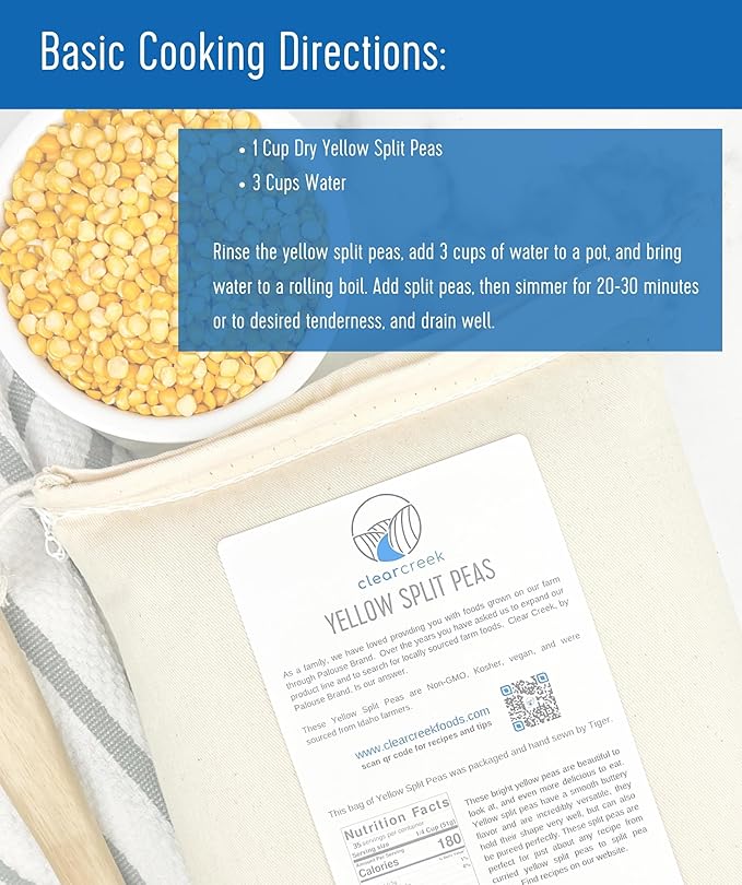 CLEAR CREEK Certified Glyphosate Residue Free Yellow Split Peas | 18 lb | Non-GMO | Kosher | Vegan