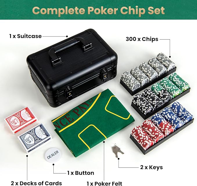 Goplus Poker Chip Set, 300 PCS Chips, 2 Decks Cards, Dealer Button, Poker Felt, Aluminum Case for