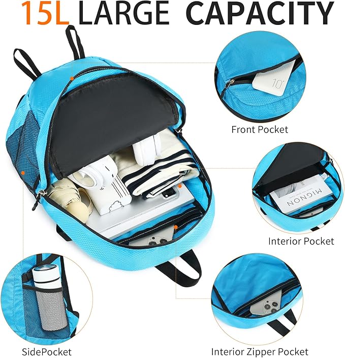 Small Hiking Daypack,15L Waterproof Hiking Backpack Packable Lightweight Travel Day Pack for Women