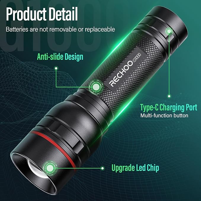 RECHOO Rechargeable Flashlights High Lumens, 2 Pack G1000 Super Bright Flash Light, Small Led
