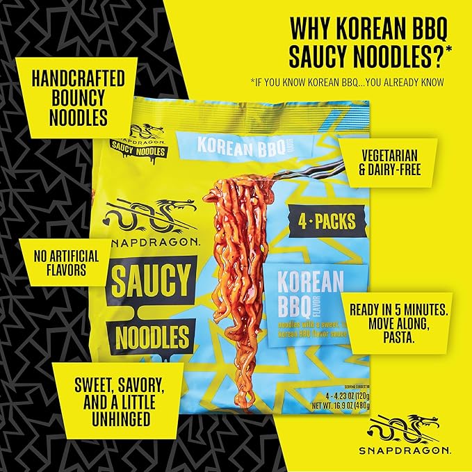 Snapdragon Saucy Instant Noodles with Korean BBQ Slurpable Sauce - Quick Meal, Snack, and Lunch.