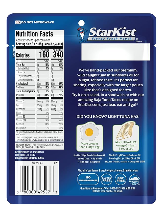 StarKist Chunk Light Tuna in Sunflower Oil, 6.4 oz Pouch (12 Pack) Ready to Eat Wild Caught Tuna