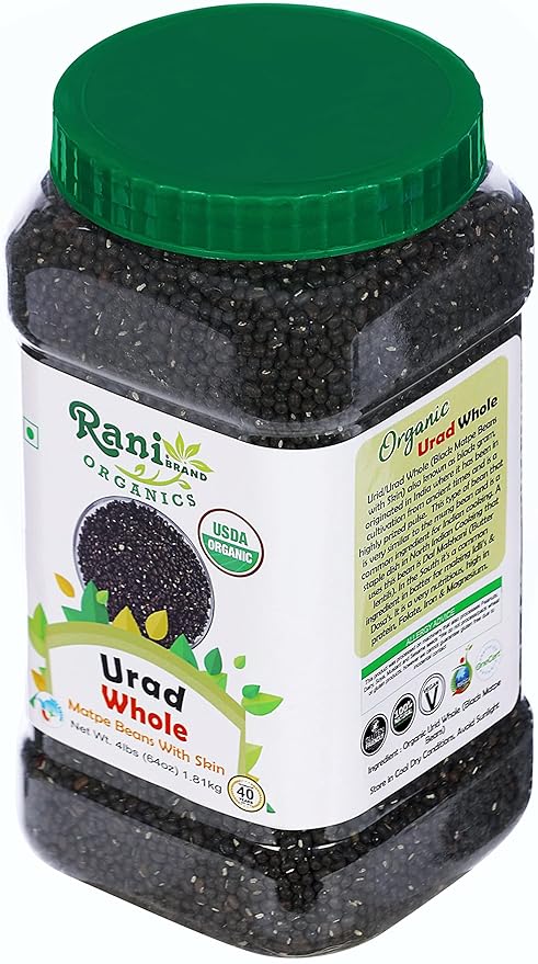 Rani Organic Urid/Urad Whole Black (Matpe Beans With Skin) Indian Lentils 64oz (4lbs) 1.81kg Bulk