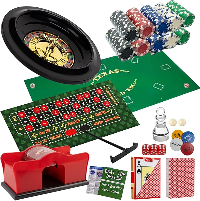 5 in 1 Casino Game Complete Set: 200 Pro Poker Chips+Silent Card Shuffler, Blackjack+Roulette