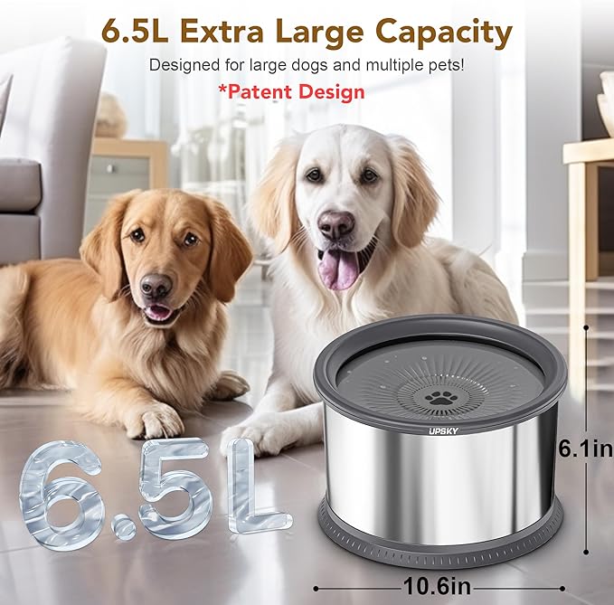 UPSKY Super Large Capacity No Spill Dog Bowl, 6.5L Stainless Steel Spill Proof Slow Water Feeder
