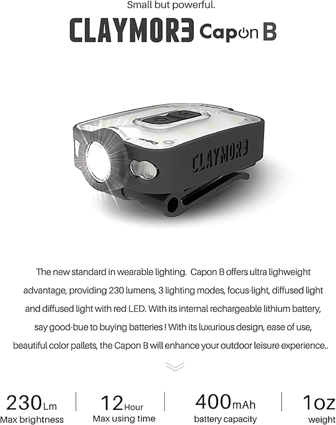 Claymore Capon 40B Black Clip-On Cap Light ??USB-C Rechargeable 230LM LED Headlamp | 3 Light Modes