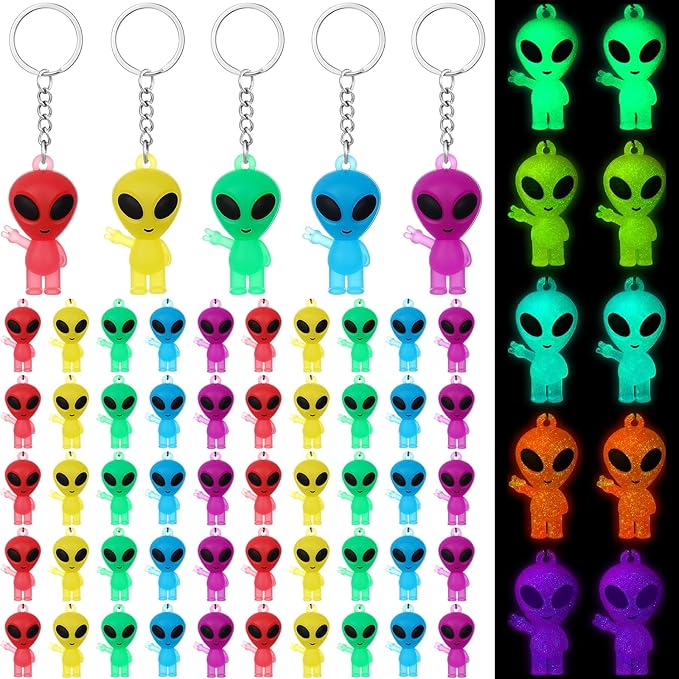 50 Pcs Alien Party Favors Alien Keychains Glow in The Dark Space Keychain Mini Aliens Figures