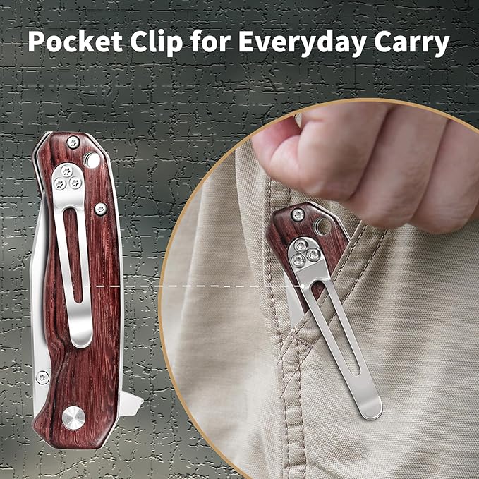 Vickay Pocket Knife for Men, Folding Knife for Women with Clip, 2.9inch 8Cr13MoV Steel Blade, Wood