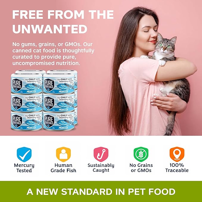 Pure Cravings Minced Tuna and Tuna Loin Wet Canned Cat Food, 100% Mercury-Tested, Moist Can Fish