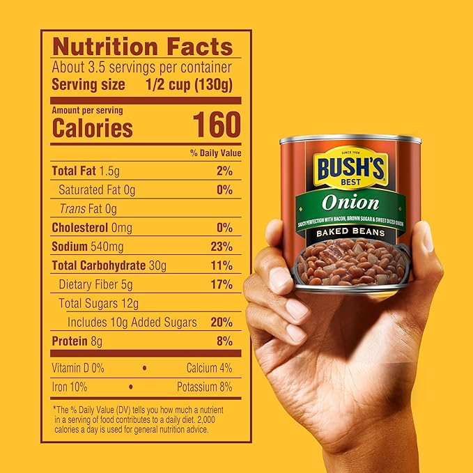 BUSH'S BEST 16 oz Canned Onion Baked Beans, Source of Plant Based Protein and Fiber, Low Fat