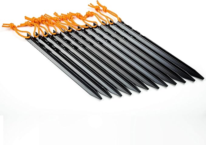 Aluminum Alloy Tent Stakes Pegs, 12-Pack Aluminum Ground Pegs with Reflective Pull Ropes