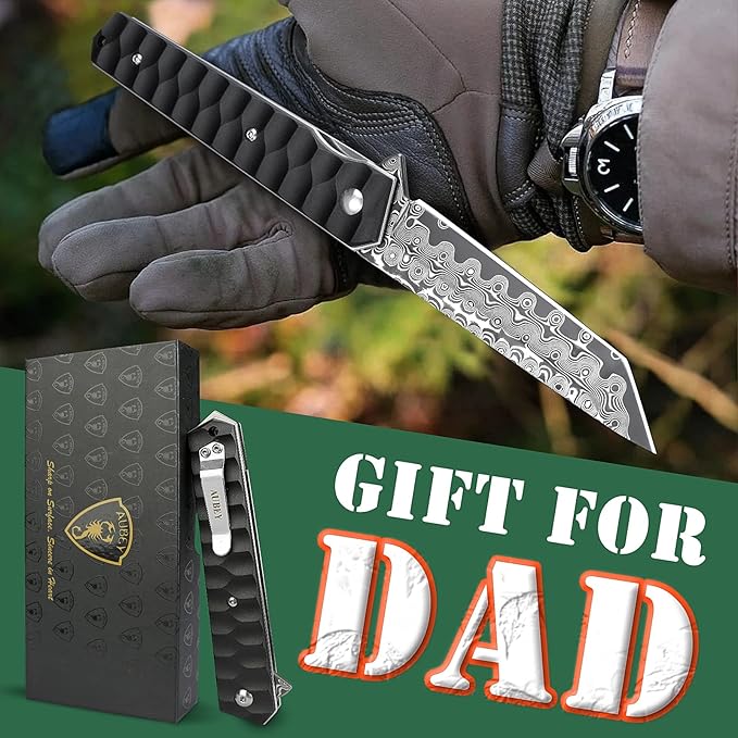 AUBEY Damascus Pocket Knife with Clip, Tanto Blade Damascus Steel Folding Knives for Men Tactical