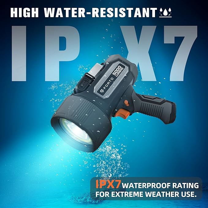 FORTO Rechargeable Spotlight 5000 Lumen Ultra Bright IPX7 Waterproof Spotlight, Boat Flashlight